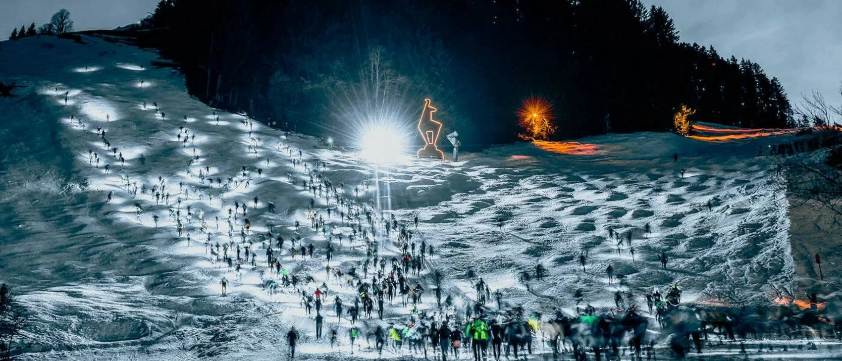 Night view of skiers on illuminated snowy slope with forest in background