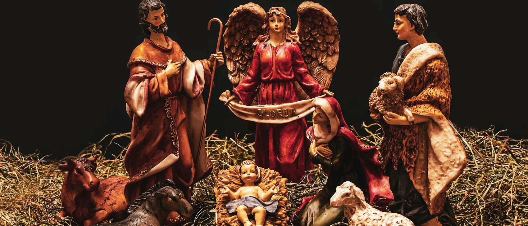 Nativity Scene Exhibition with Dieter Michels Nativity scene with Mary, Joseph, baby Jesus, an angel and animals