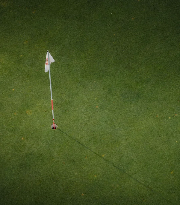 Buca da golf con bandiera su prato verde vista dallalto